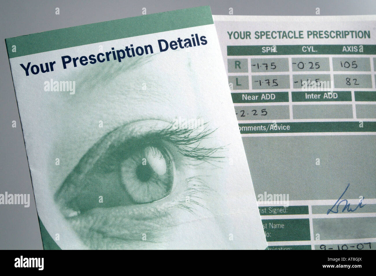 Eyesite Spectacle Prescription Stock Photo