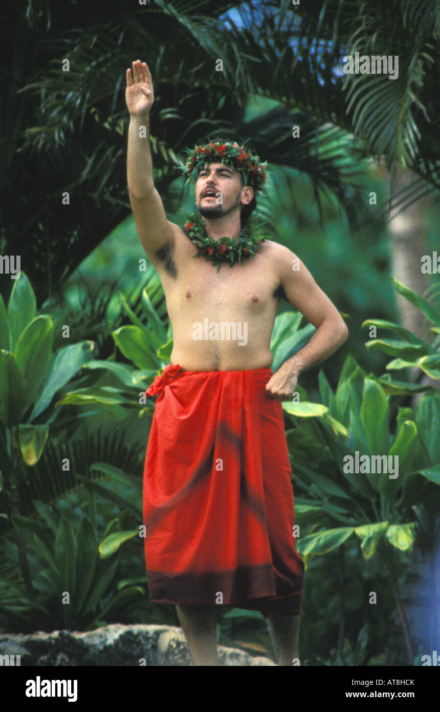 Manu Boyd, dancing hula and chanting (oli) at Lanikuhonua, Oahu Stock