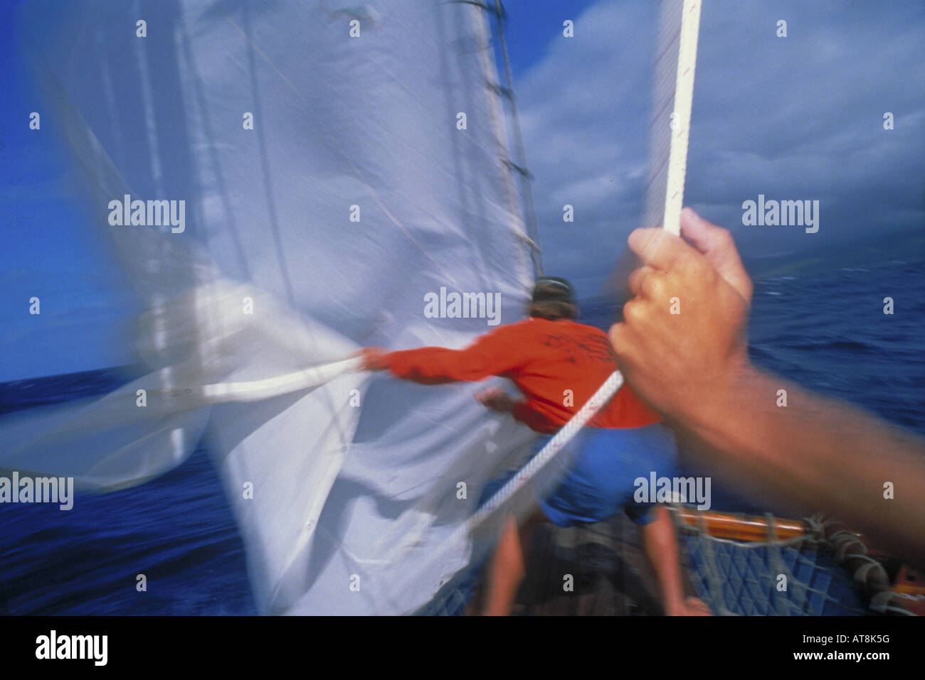 Sailing, pulling the jib out at sea Stock Photo Alamy