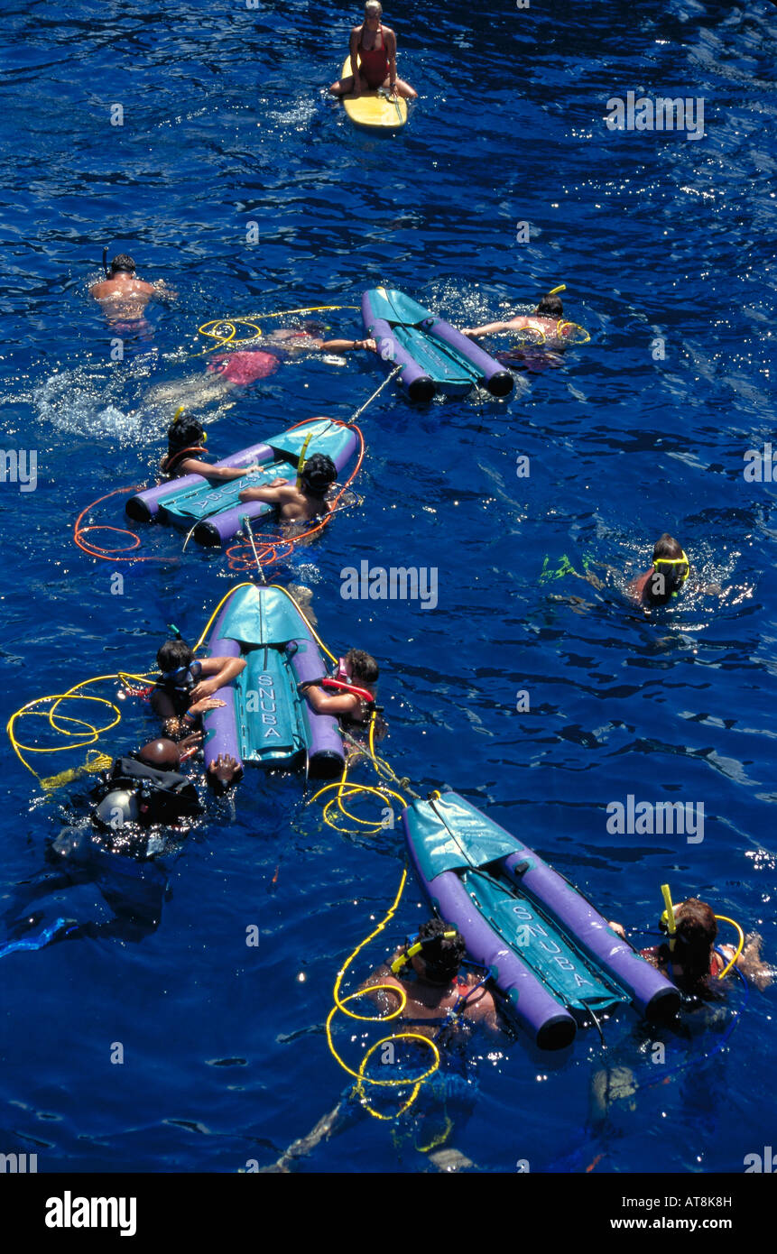 Snuba divers in the vivid blue water at Five Needles, off the coast of ...