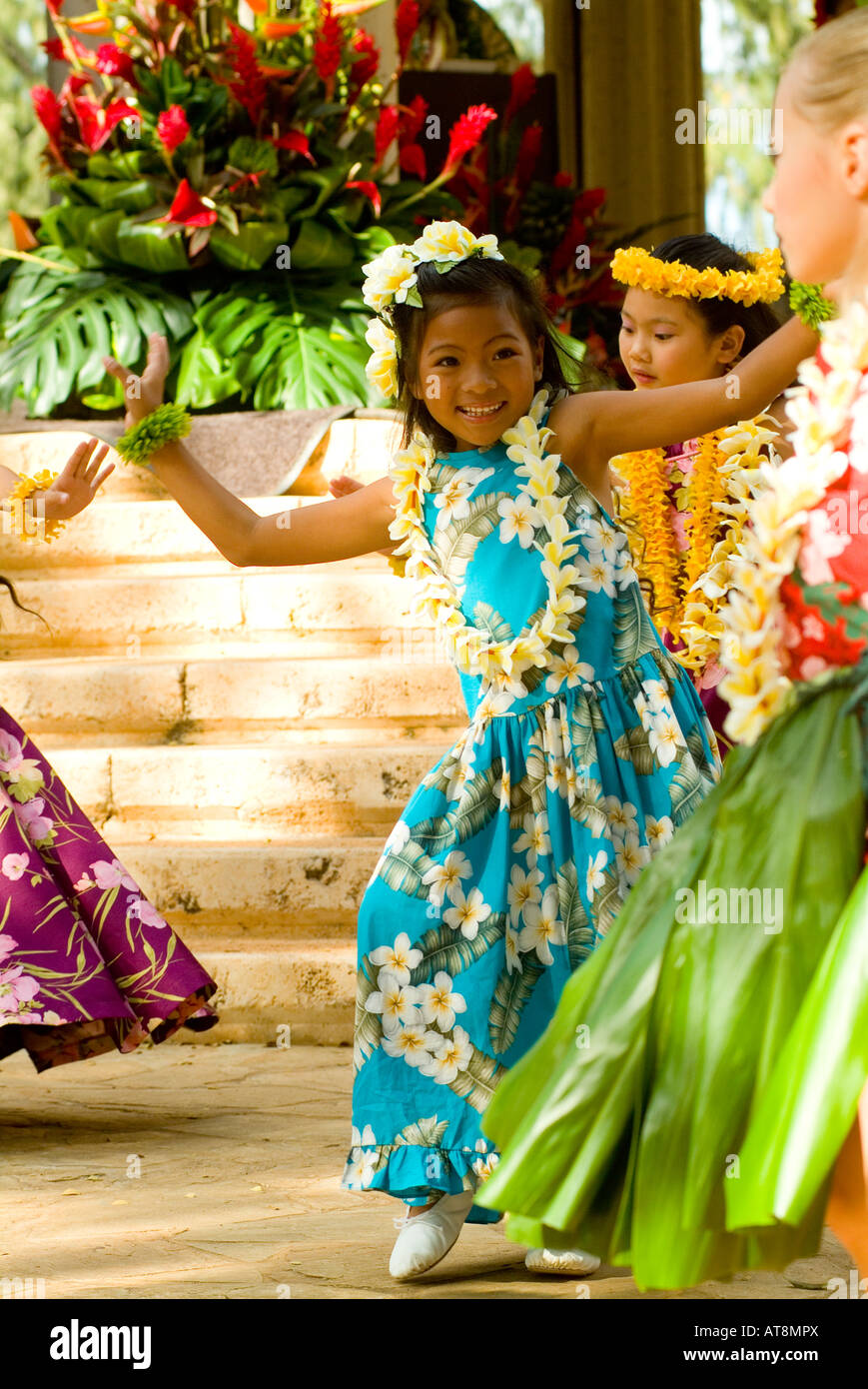 Hula dancers perform at Kapiolani park bandstand on May day, also known