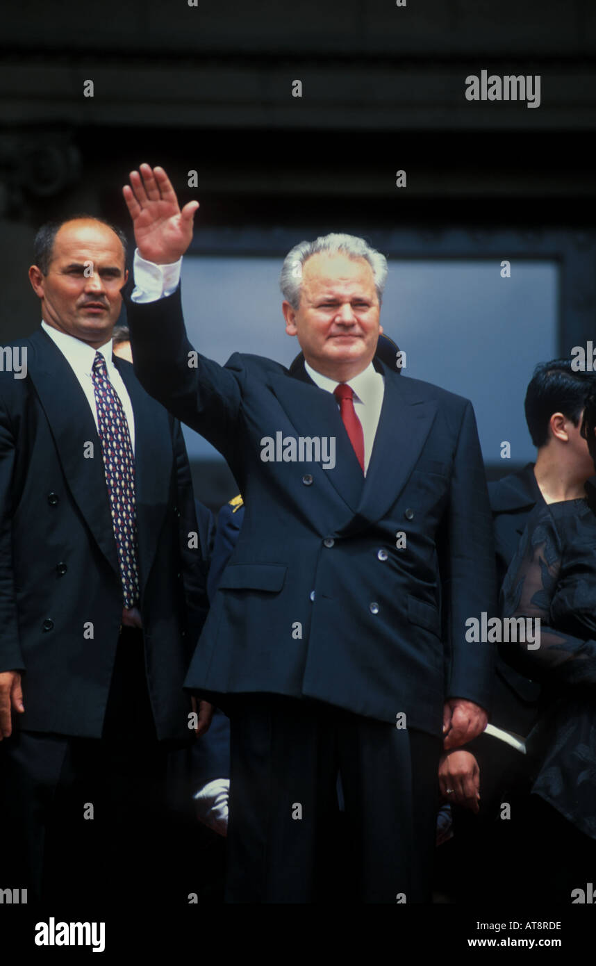 Slobodan Milosevic salutes the crowds shortly after his inauguration , Belgrade July 1989 Stock Photo
