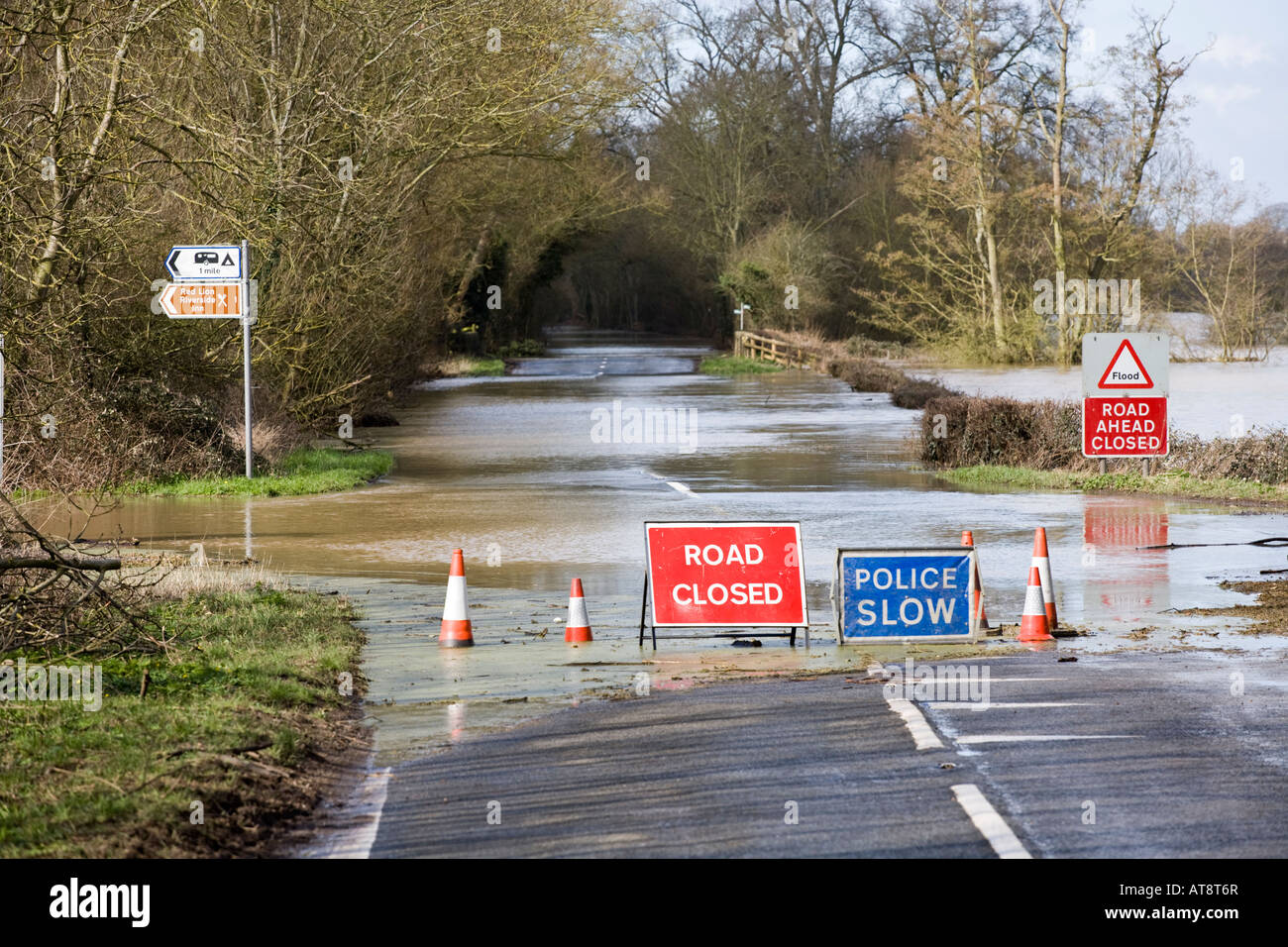 The B4213 closed due to flooding on the approach to Haw Bridge near Apperley, Gloucestershire UK in March 2007 Stock Photo