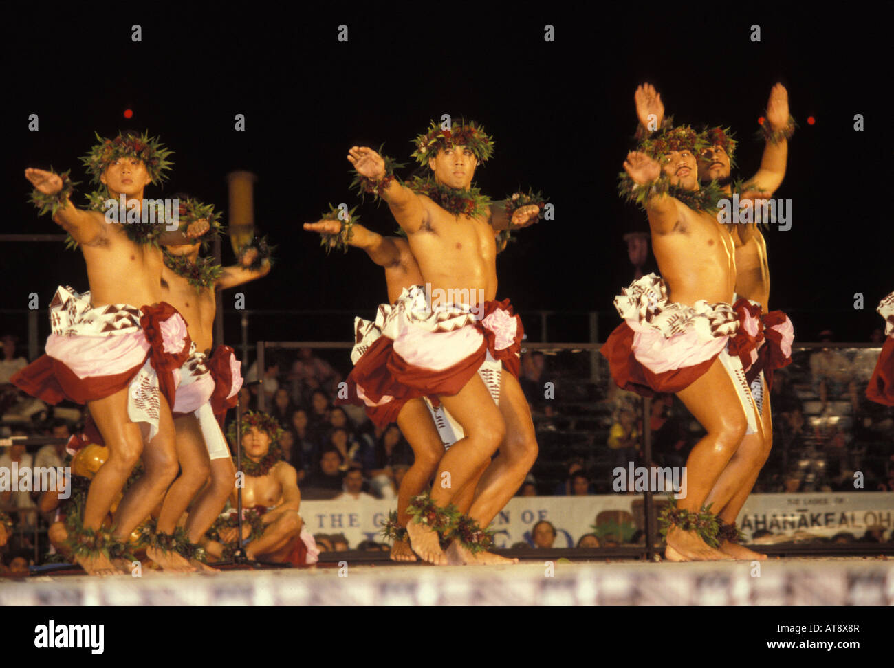 Men performing kahiko hula (ancient form) at the merrie monarch