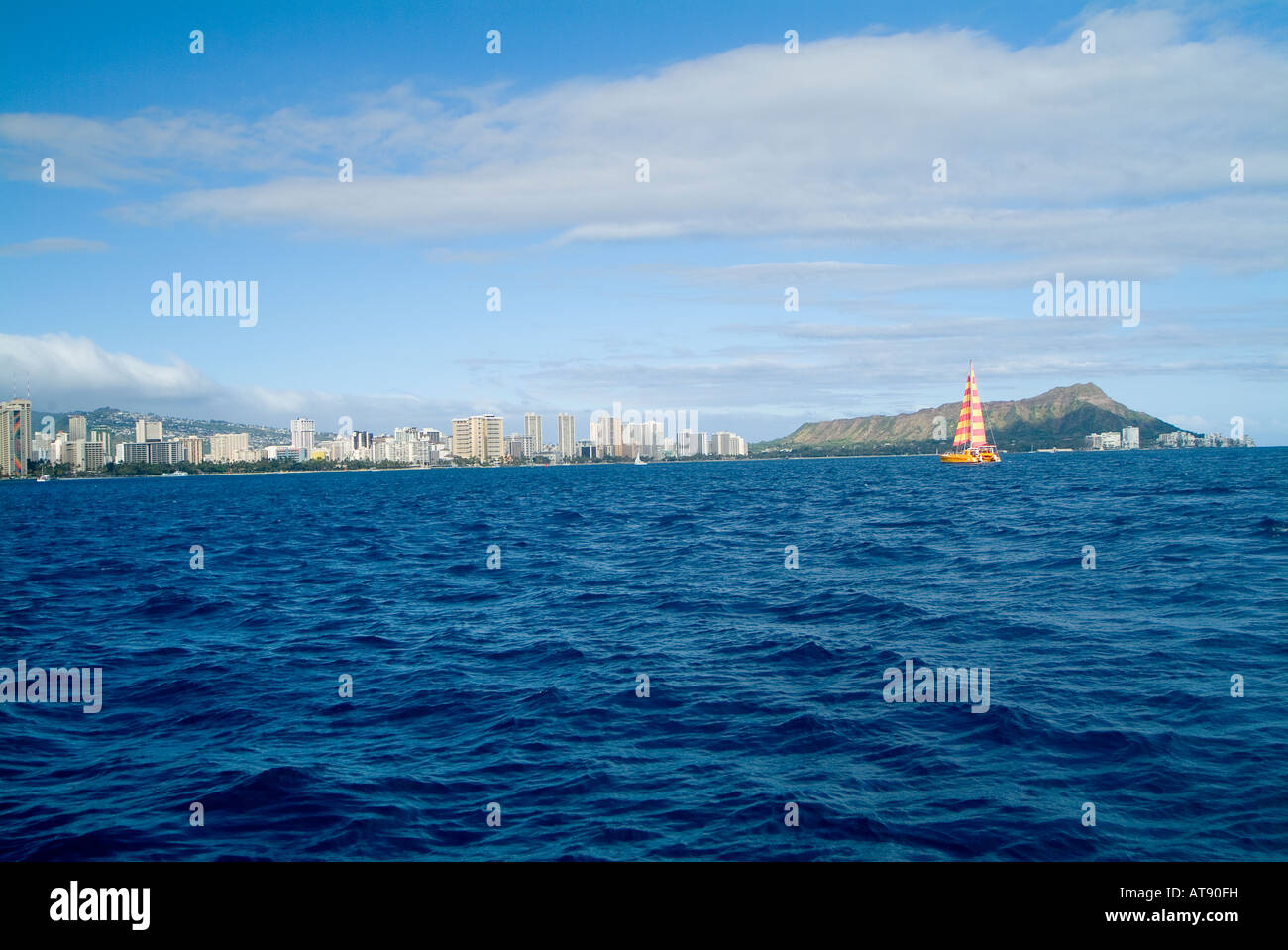 Wide angled shot of the Waikiki coastline from downtown Honolulu to Diamond Head shot from a sailboat off Waikiki. Stock Photo