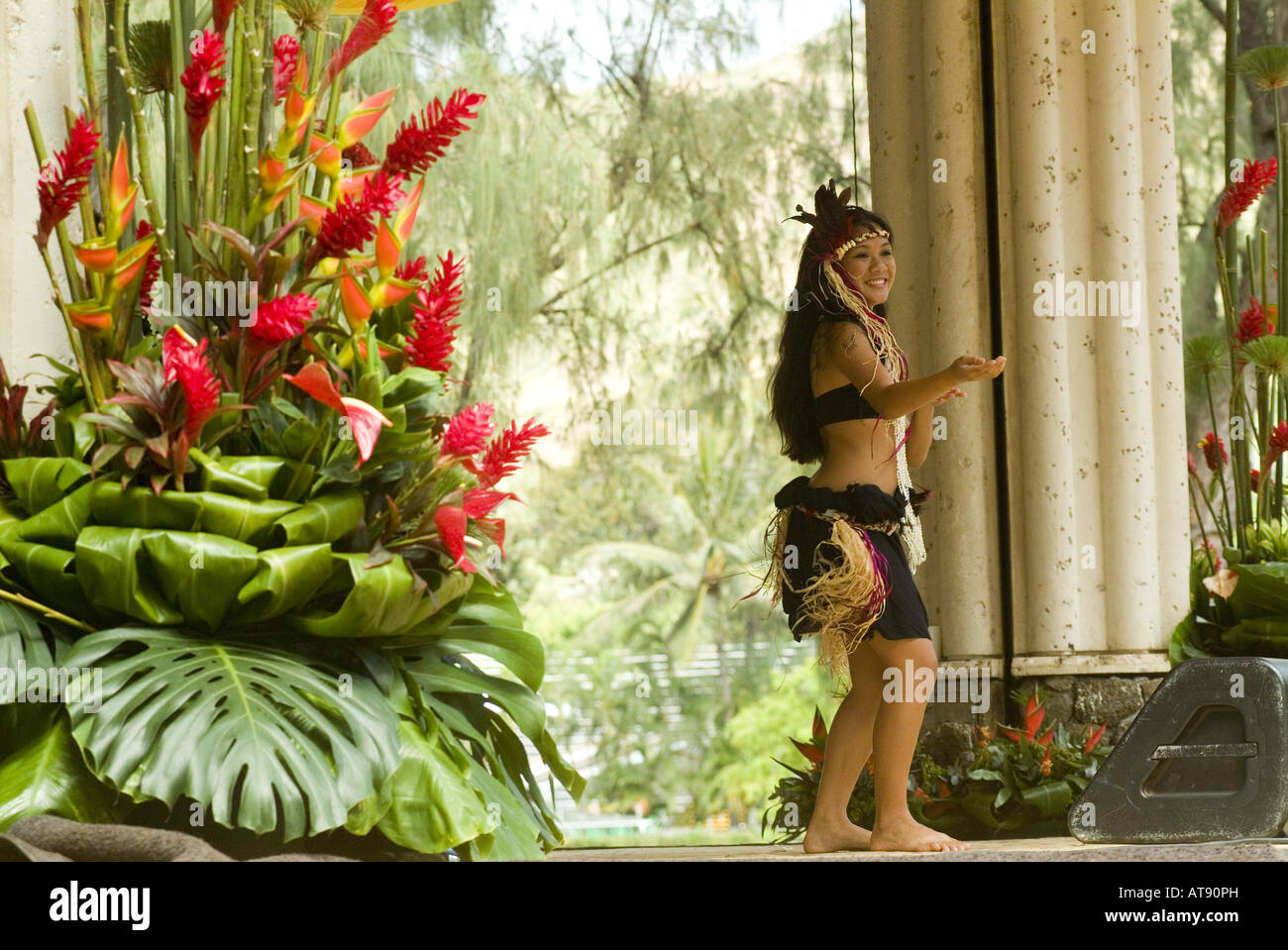 Hula dancers perform at Kapiolani park bandstand on May day, also known