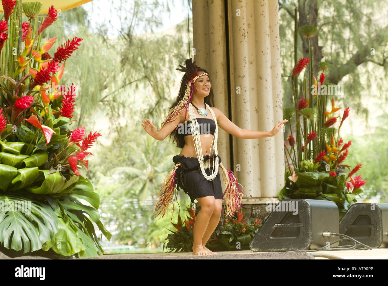 Hula dancers perform at Kapiolani park bandstand on May day, also known