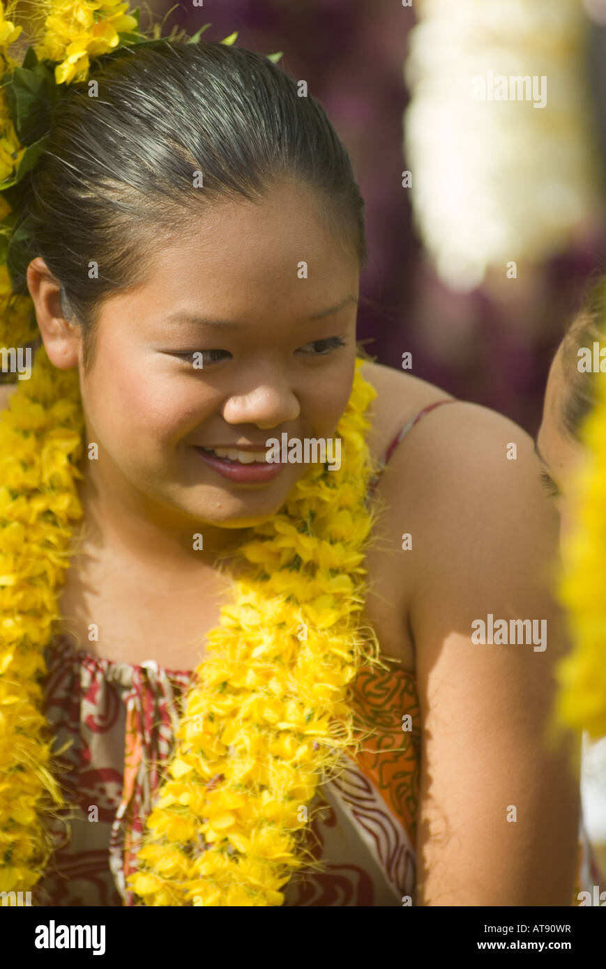 Hula dancers perform at Kapiolani park bandstand on May day, also known