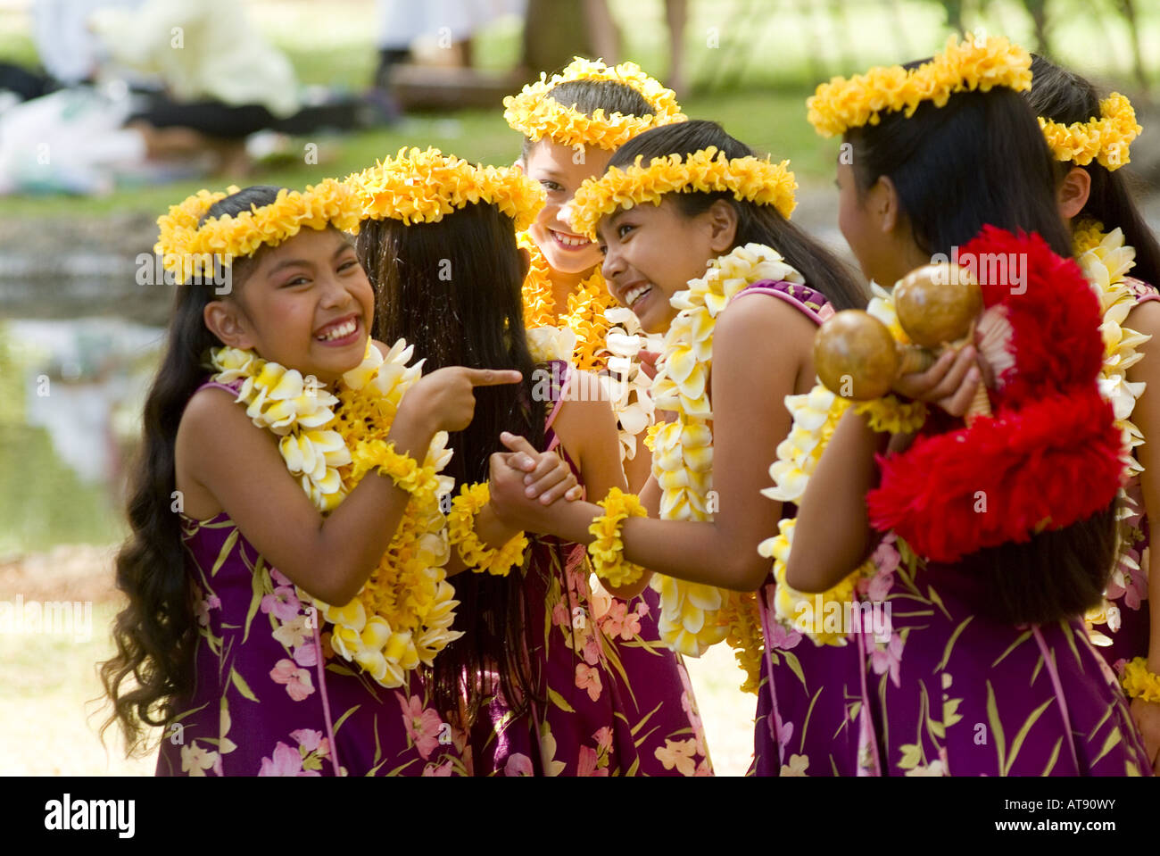 Hula dancers perform at Kapiolani park bandstand on May day, also known ...