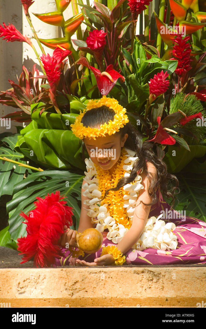 Hula dancers perform at Kapiolani park bandstand on May day, also known