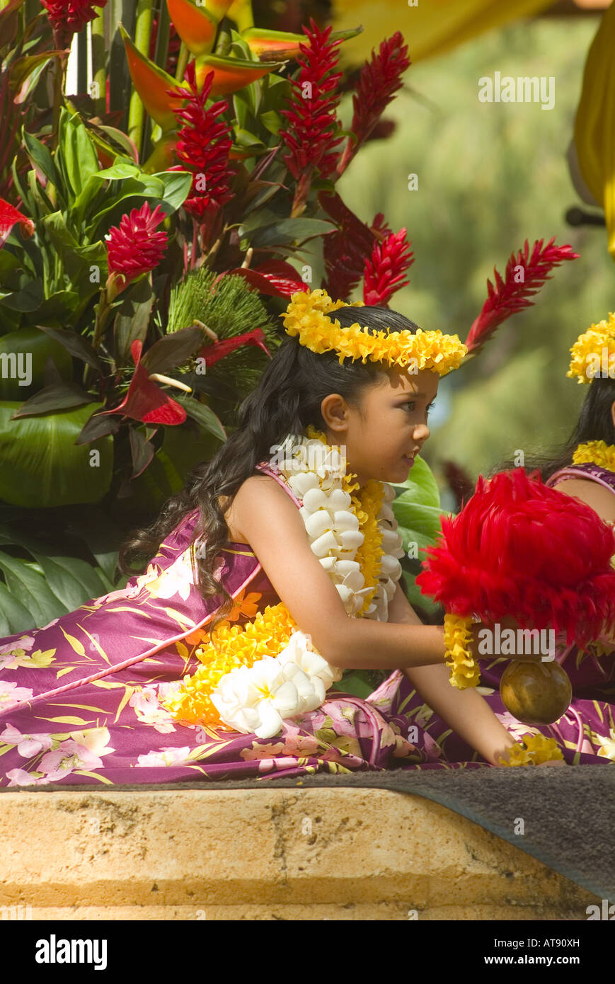 Hula dancers perform at Kapiolani park bandstand on May day, also known