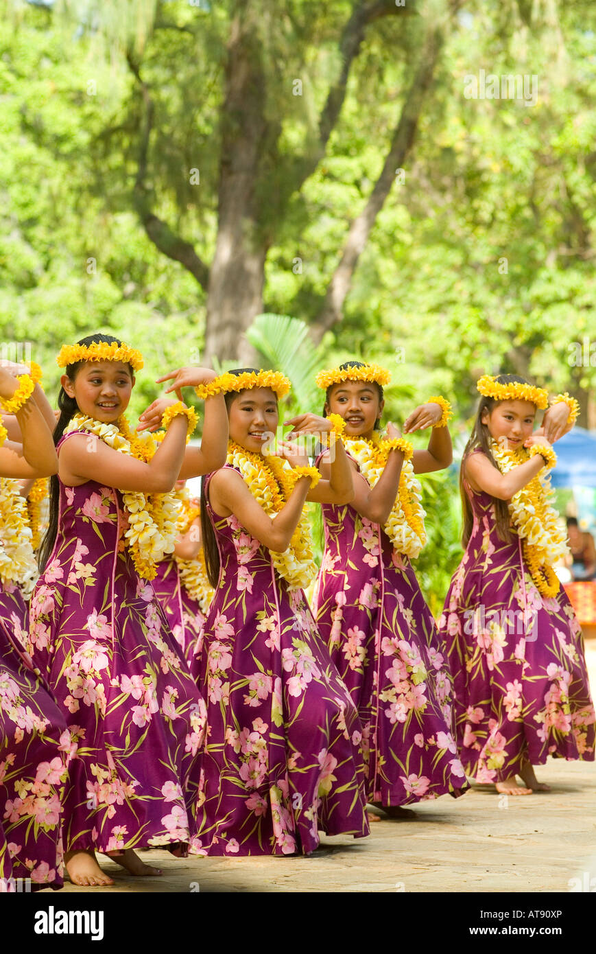 Hula dancers perform at Kapiolani park bandstand on May day, also known