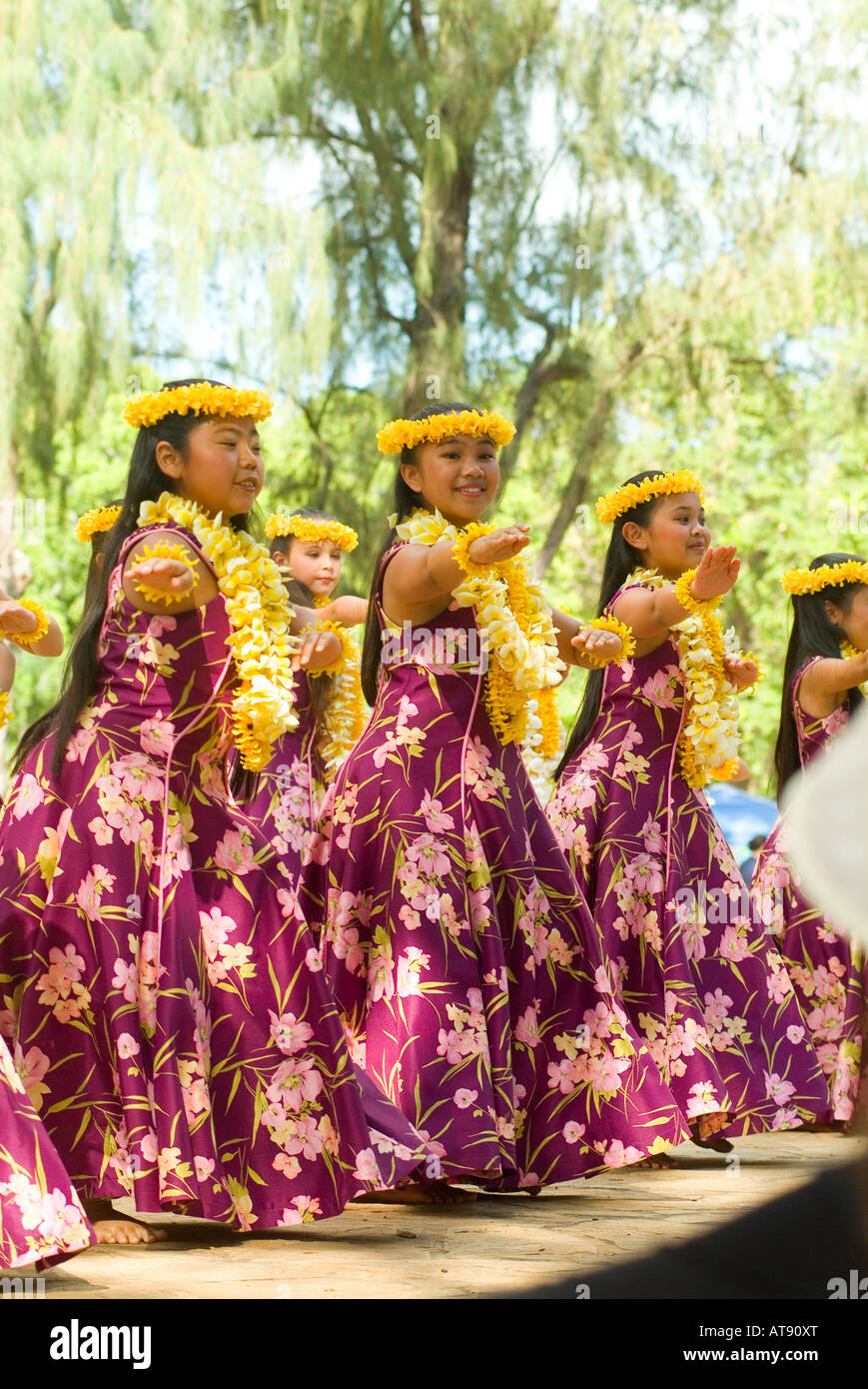 Hula dancers perform at Kapiolani park bandstand on May day, also known