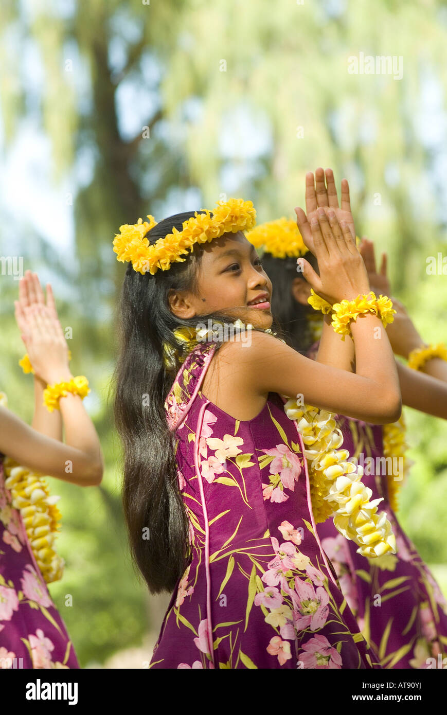 Hula dancers perform at Kapiolani park bandstand on May day, also known
