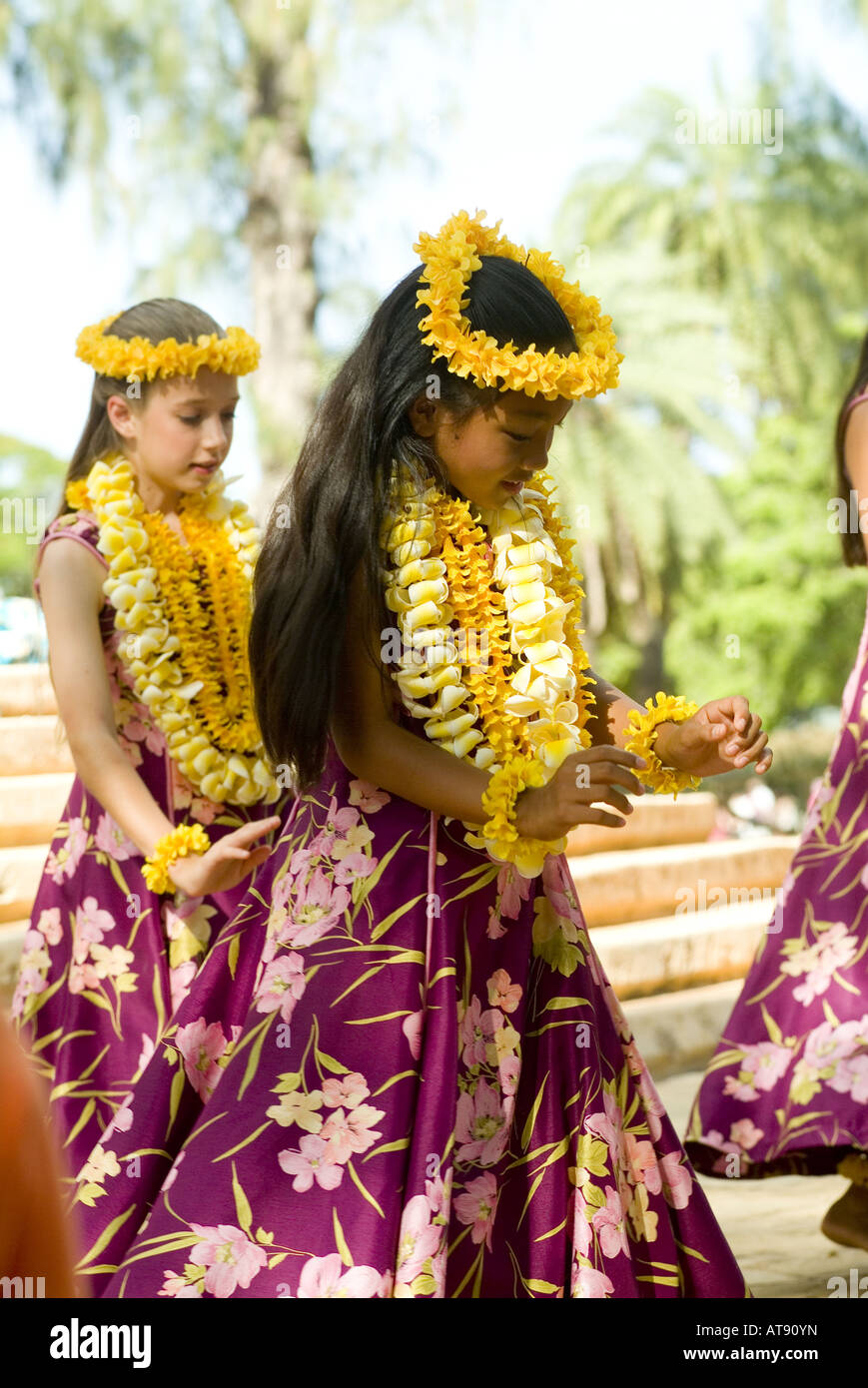 Hula dancers perform at Kapiolani park bandstand on May day, also known