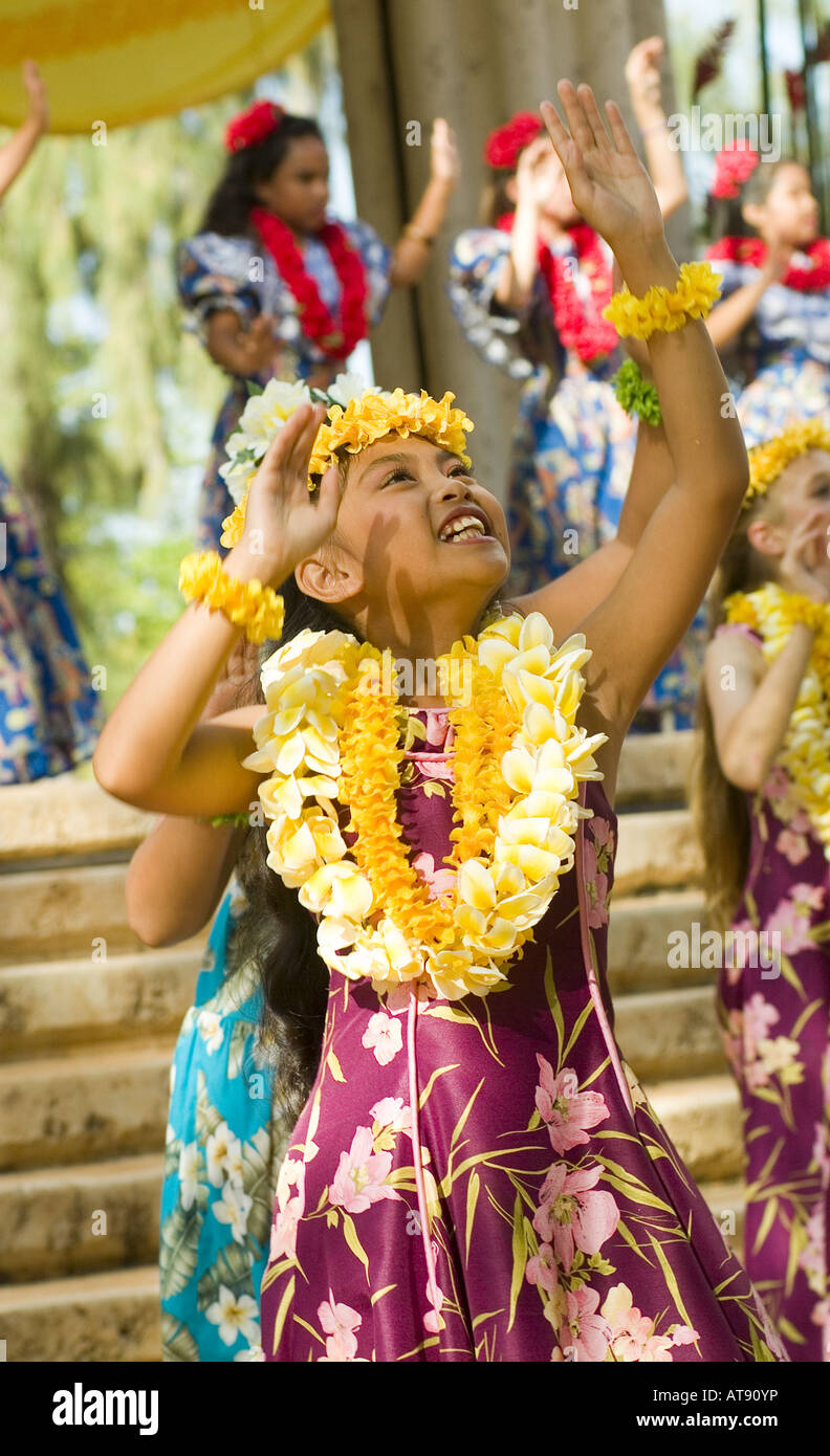 Hula dancers perform at Kapiolani park bandstand on May day, also known