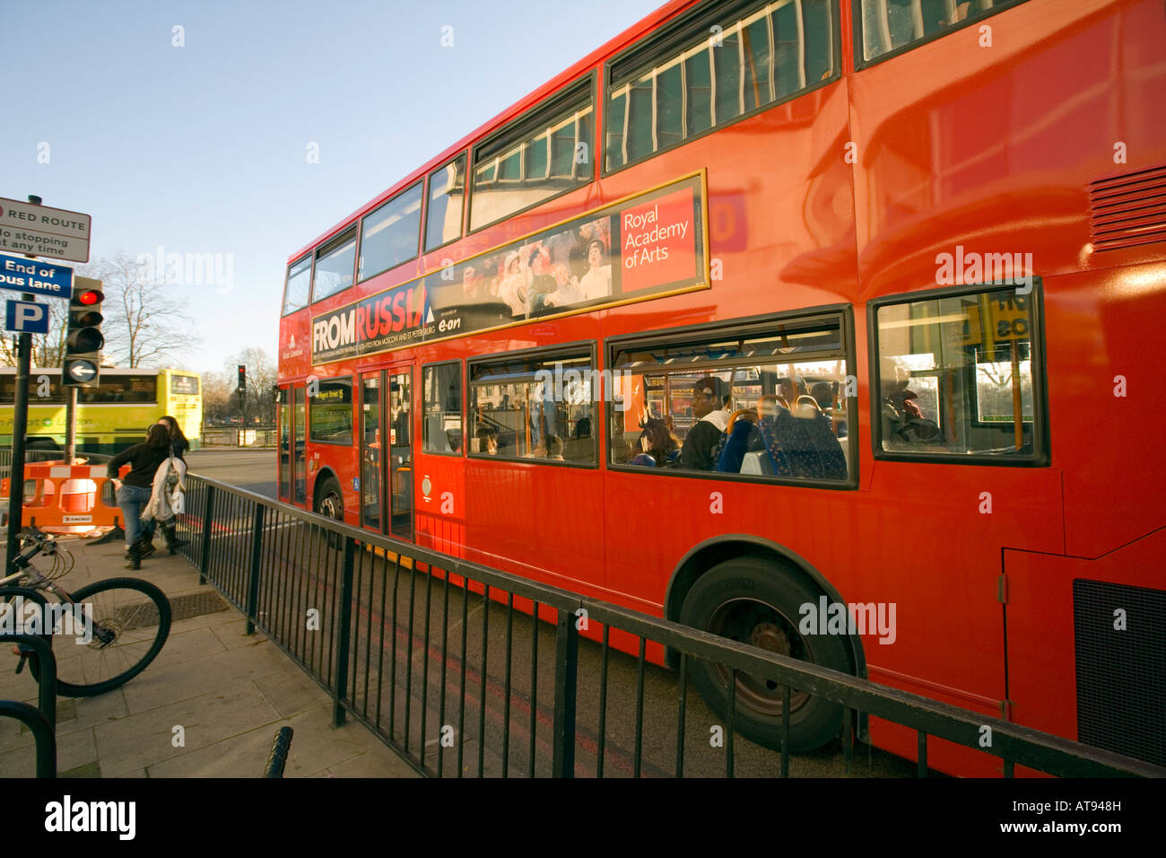 Iconic Double-decker Red Bus at 'Hyde Park Corner', London Stock Photo
