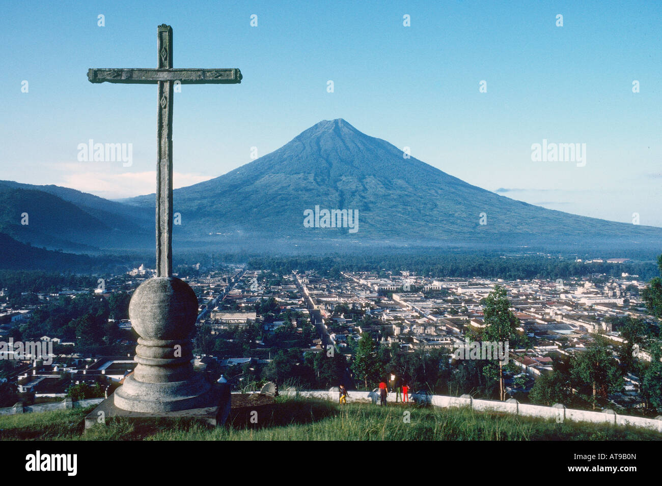 View cross overlooking Antigua Guatemala and Volcan Agua Stock Photo