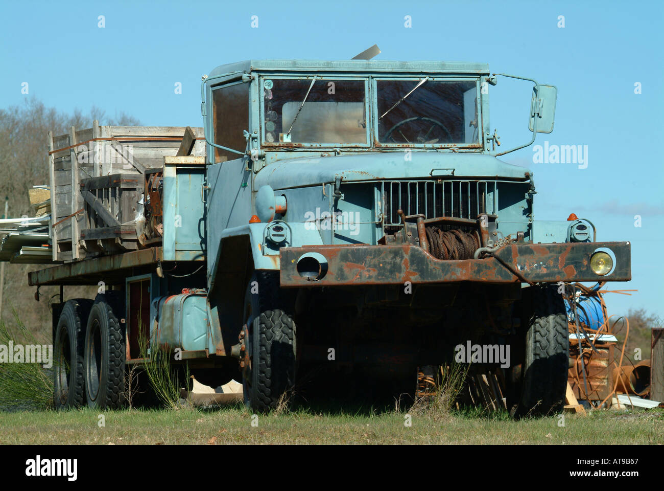 transportMBF1226 A big blue Reo ex military cargo truck awaits restoration in the Haute Vienne France Stock Photo