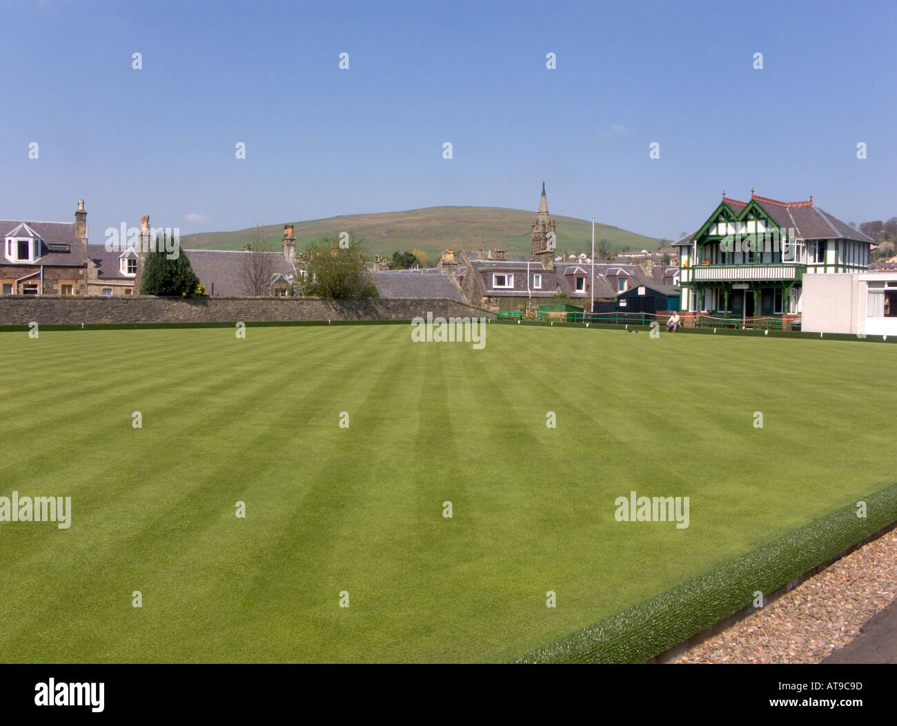 The immaculately manicured lawn of a bowling club Galashields Selkirkshire Scottish Borders Scotland UK Stock Photo