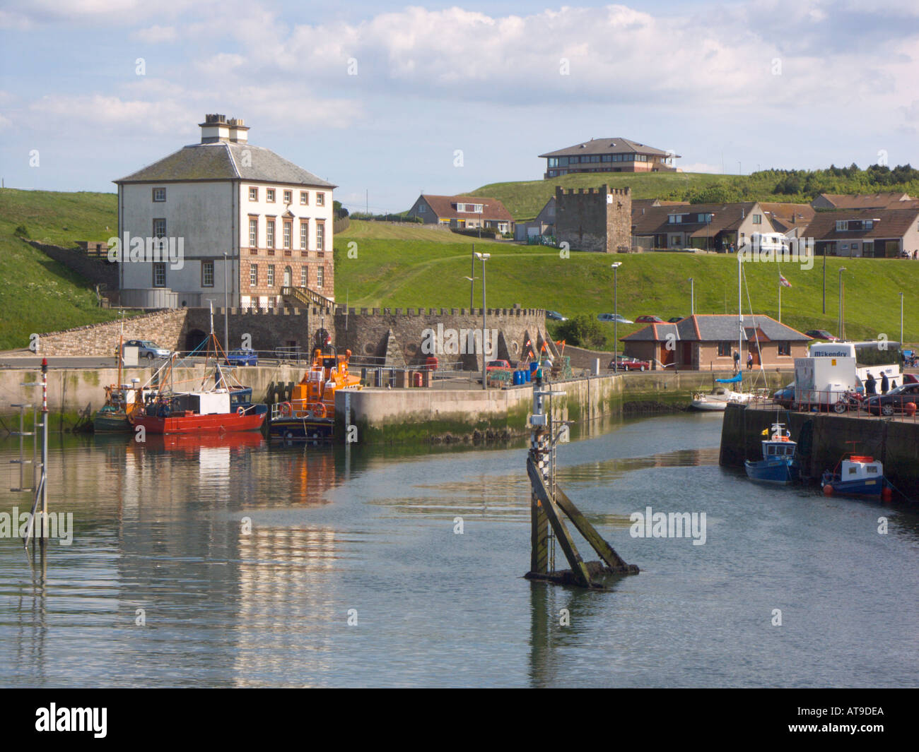The fishing port of Eyemouth Berwickshire with the 18th century Gunsgreen House Stock Photo