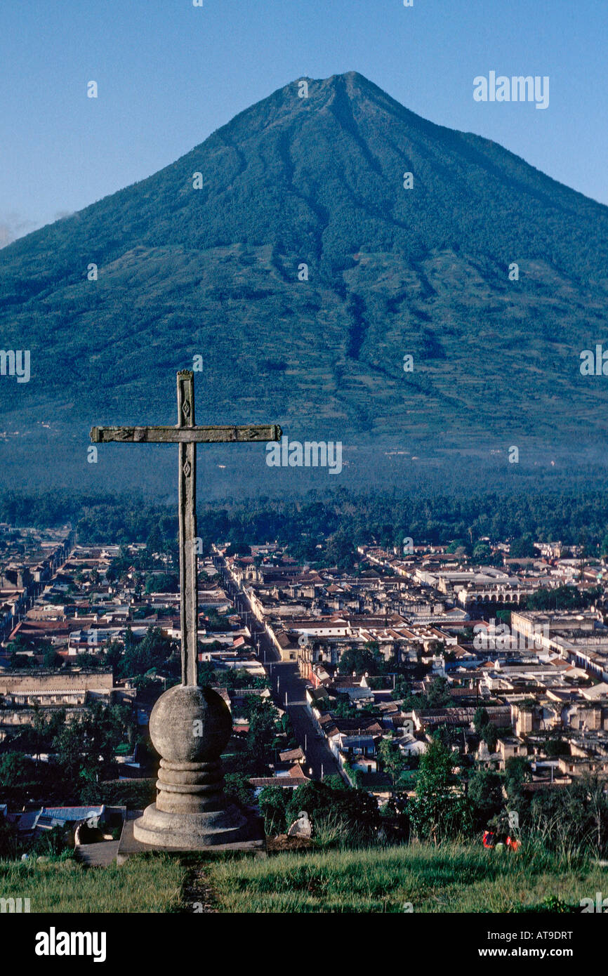 View cross overlooking Antigua Guatemala and Volcan Agua Stock Photo