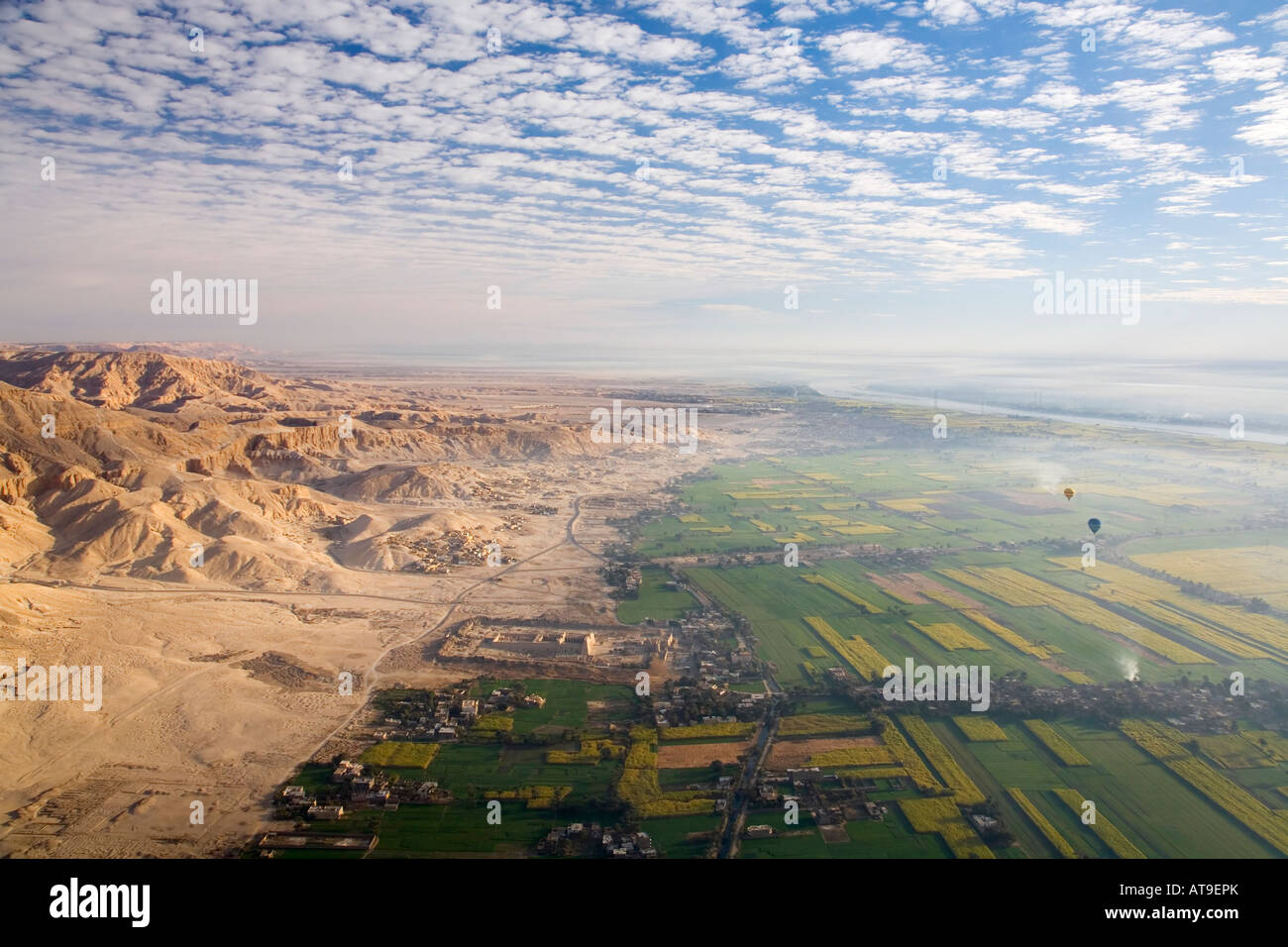 Aerial view of Luxor West Bank Theban Mountains Valley of Kings taken from hot air balloon at dawn Egypt North Africa Stock Photo