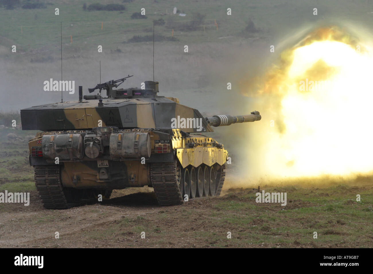 British Army Challenger 2 main battle tank firing its 120 mm gun on