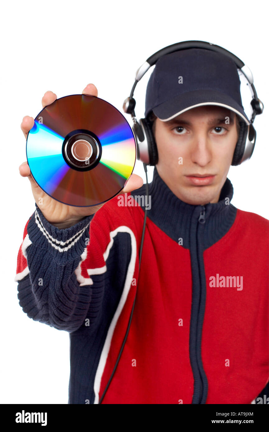 Disc Jockey holding a compact disc over a white background Focus on CD