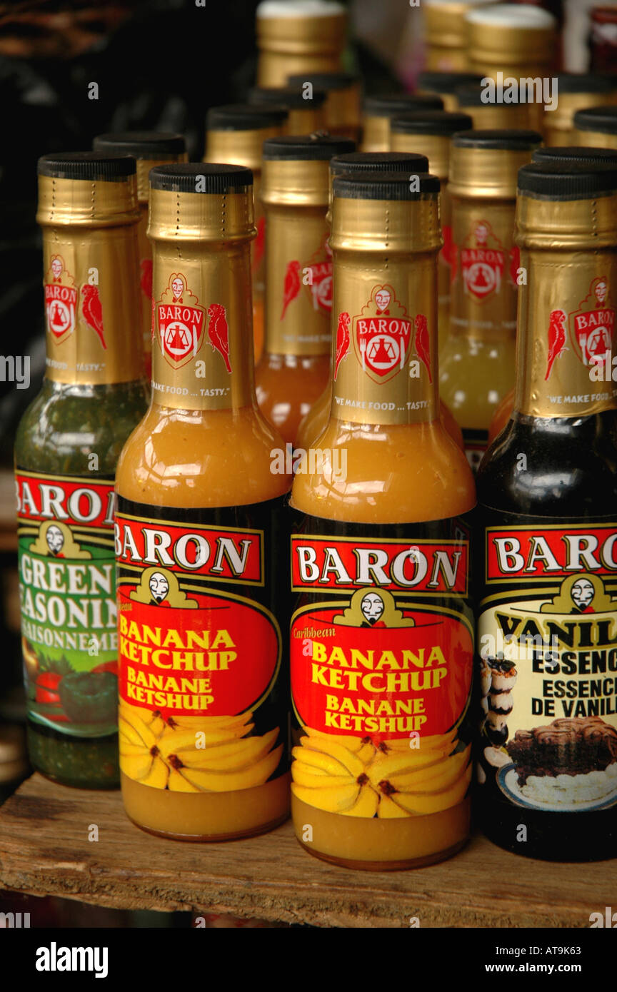 Castries St Lucia local spices banana ketchup produce market Stock