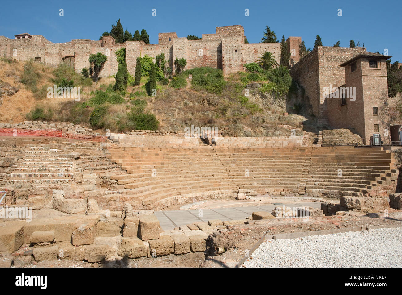Malaga Costa del Sol Andalusia Spain Roman theatre beneath walls of Moorish castle. Stock Photo