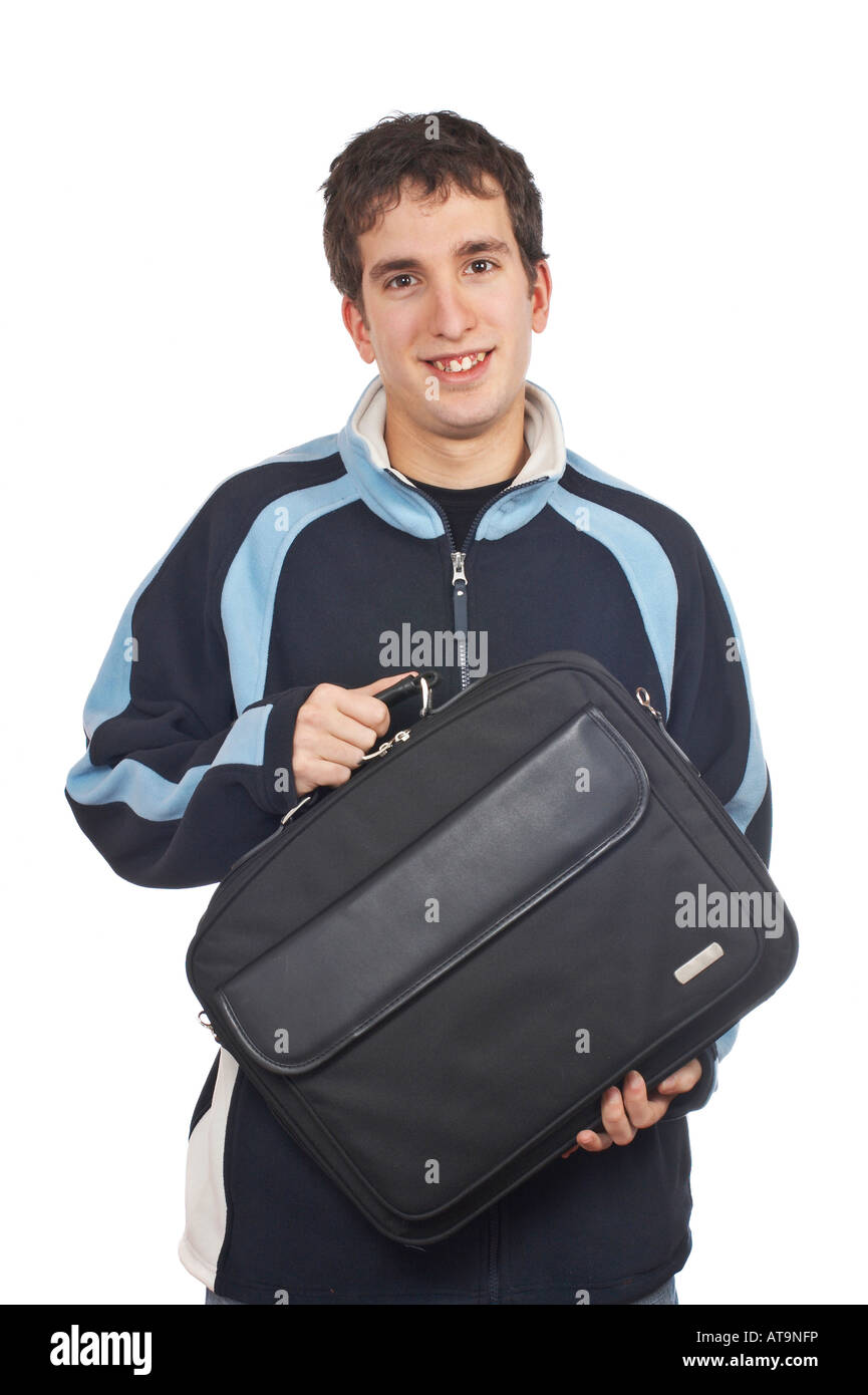 Teenager holding a laptop bag on white background Stock Photo Alamy