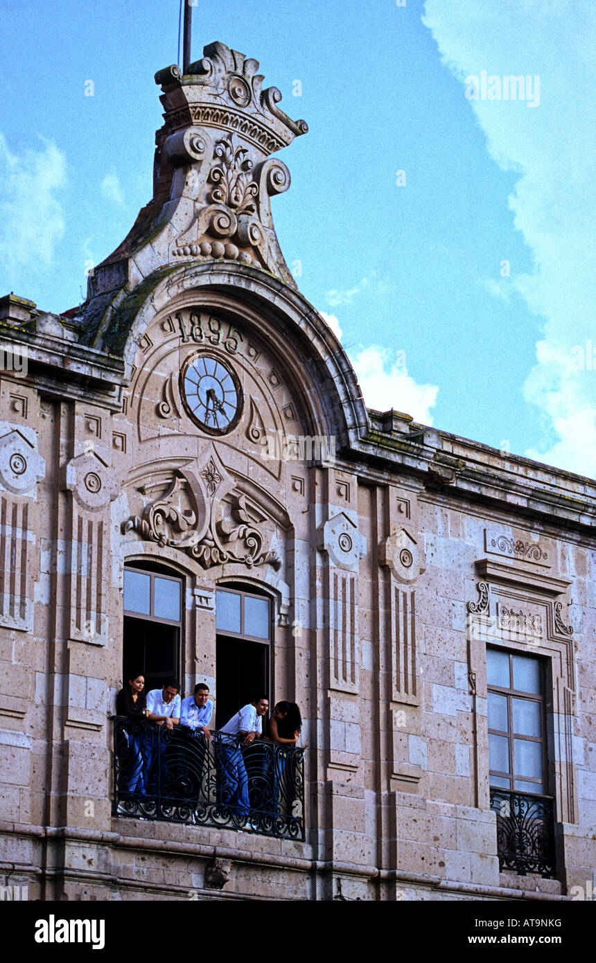 Students on balcony in the Ex Convento de San Diego law school in the colonial town of Morelia Michoacan state Mexico Stock Photo