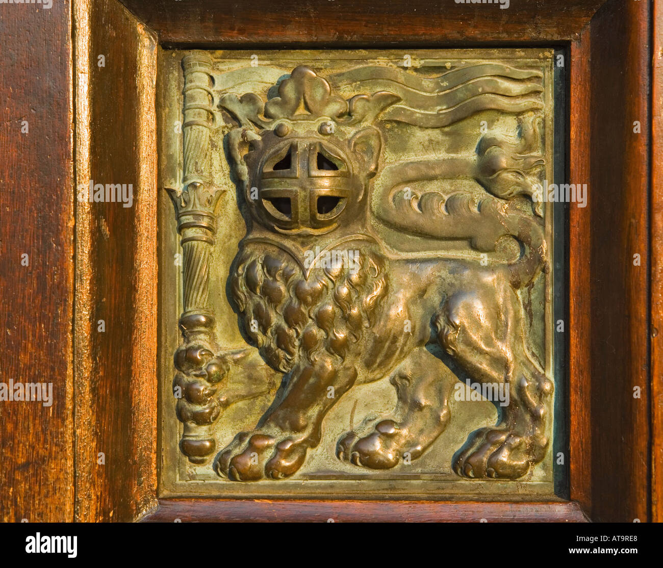 Copenhagen Denmark Peep hole in lion s head on Town Hall door Stock Photo