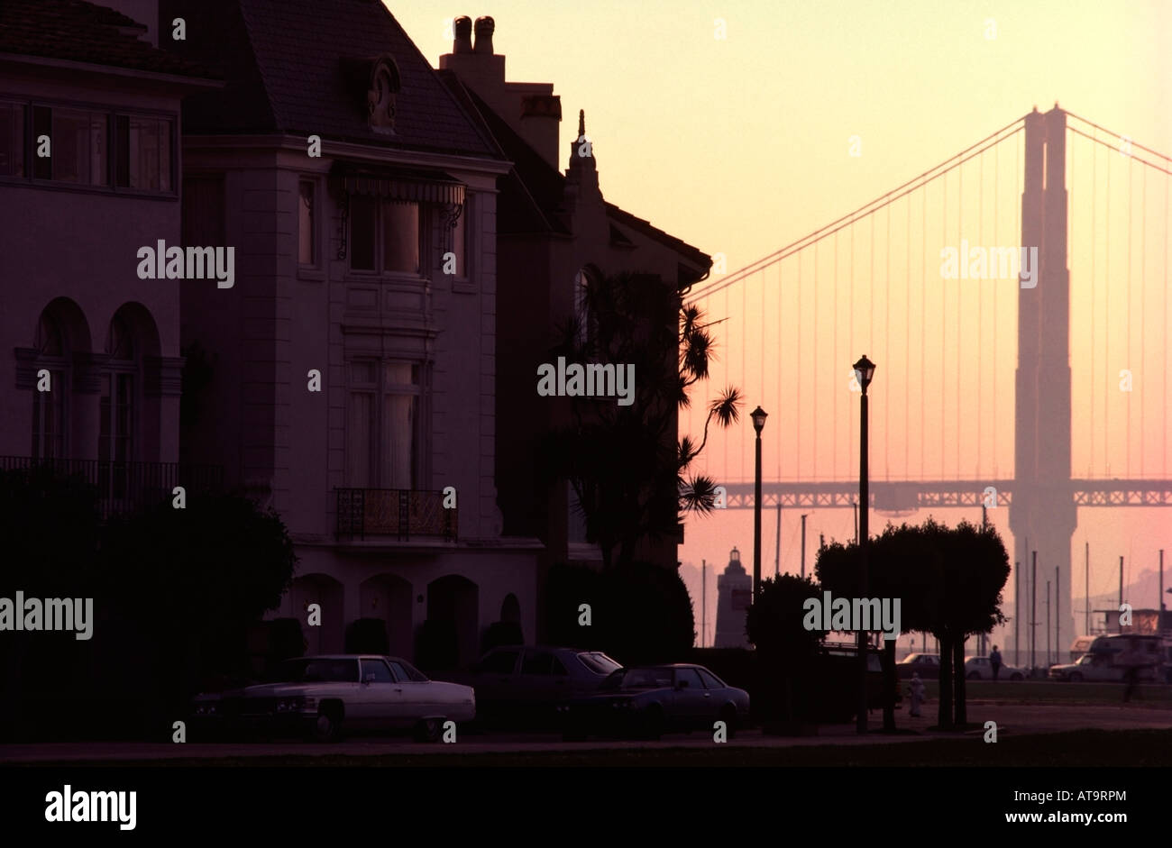 Sunset over the San Francisco Marina Green and Golden Gate Bridge Stock Photo