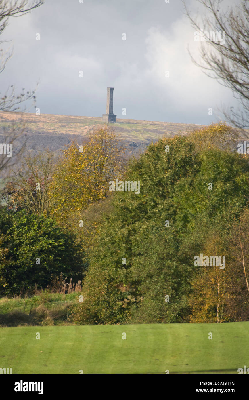 View of Peel Tower on Holcombe Hill from Chesham Local Nature Reserve Bury Lancashire Stock Photo