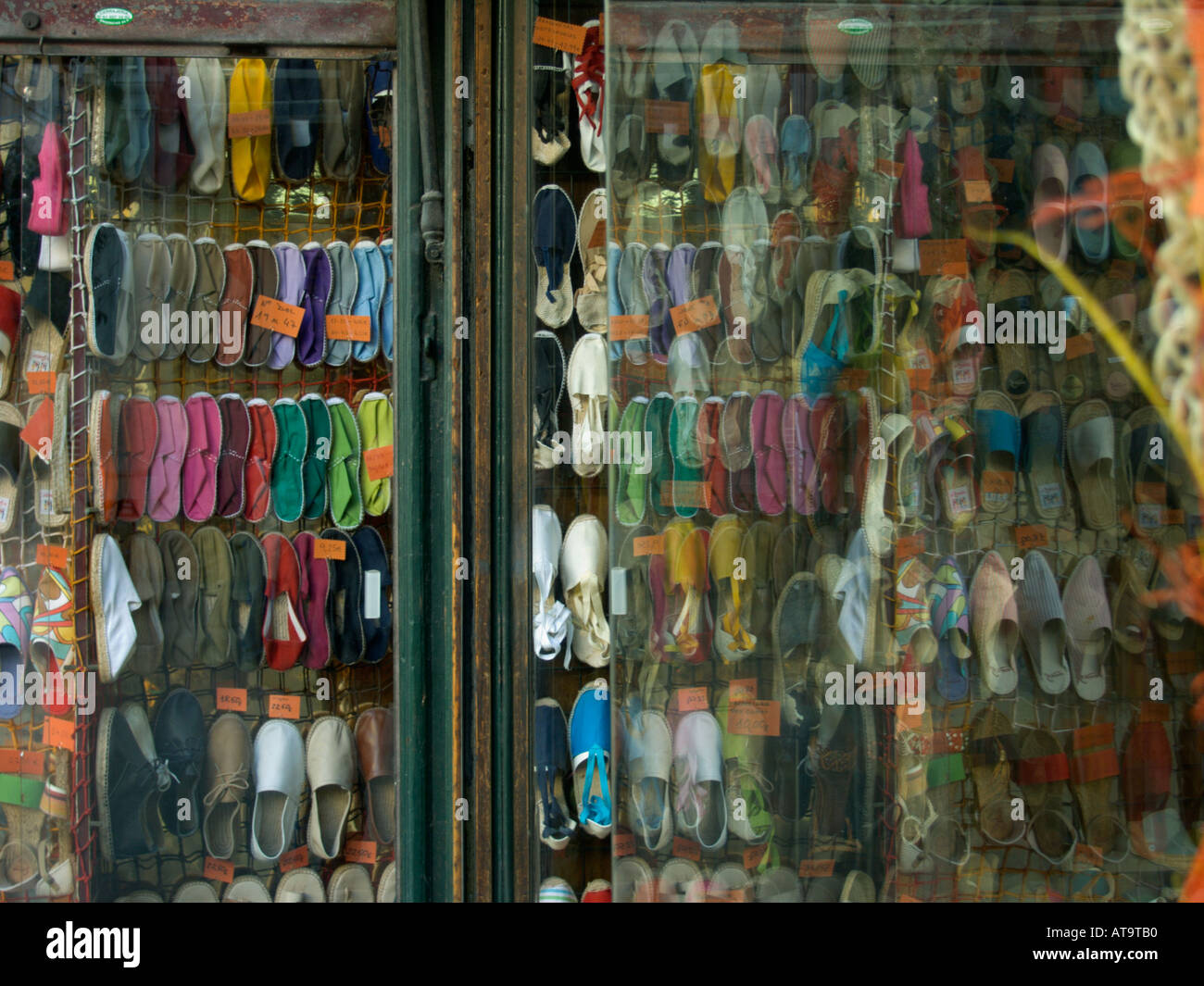 Madrid Spain capital city espadrilles for sale in shoe shop Stock Photo
