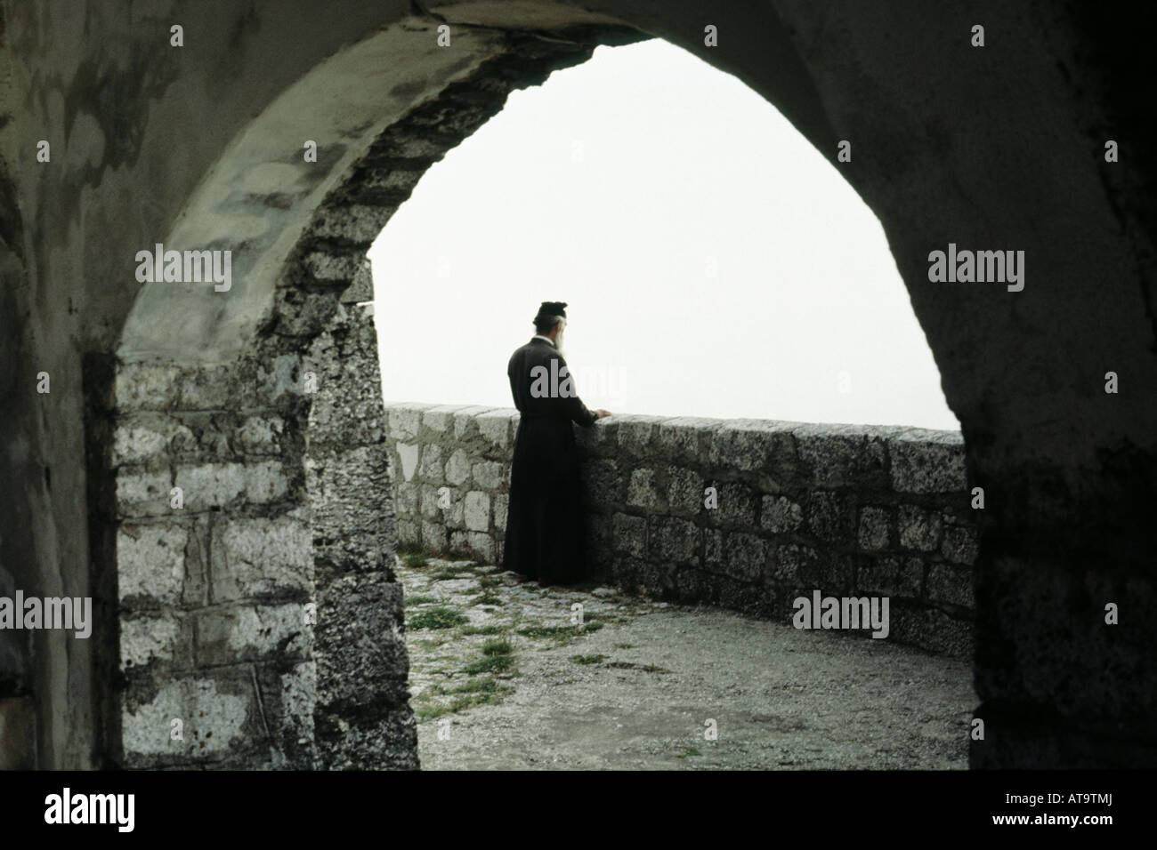 Priest at mountain monastery in Pantokrator,  Corfu Stock Photo