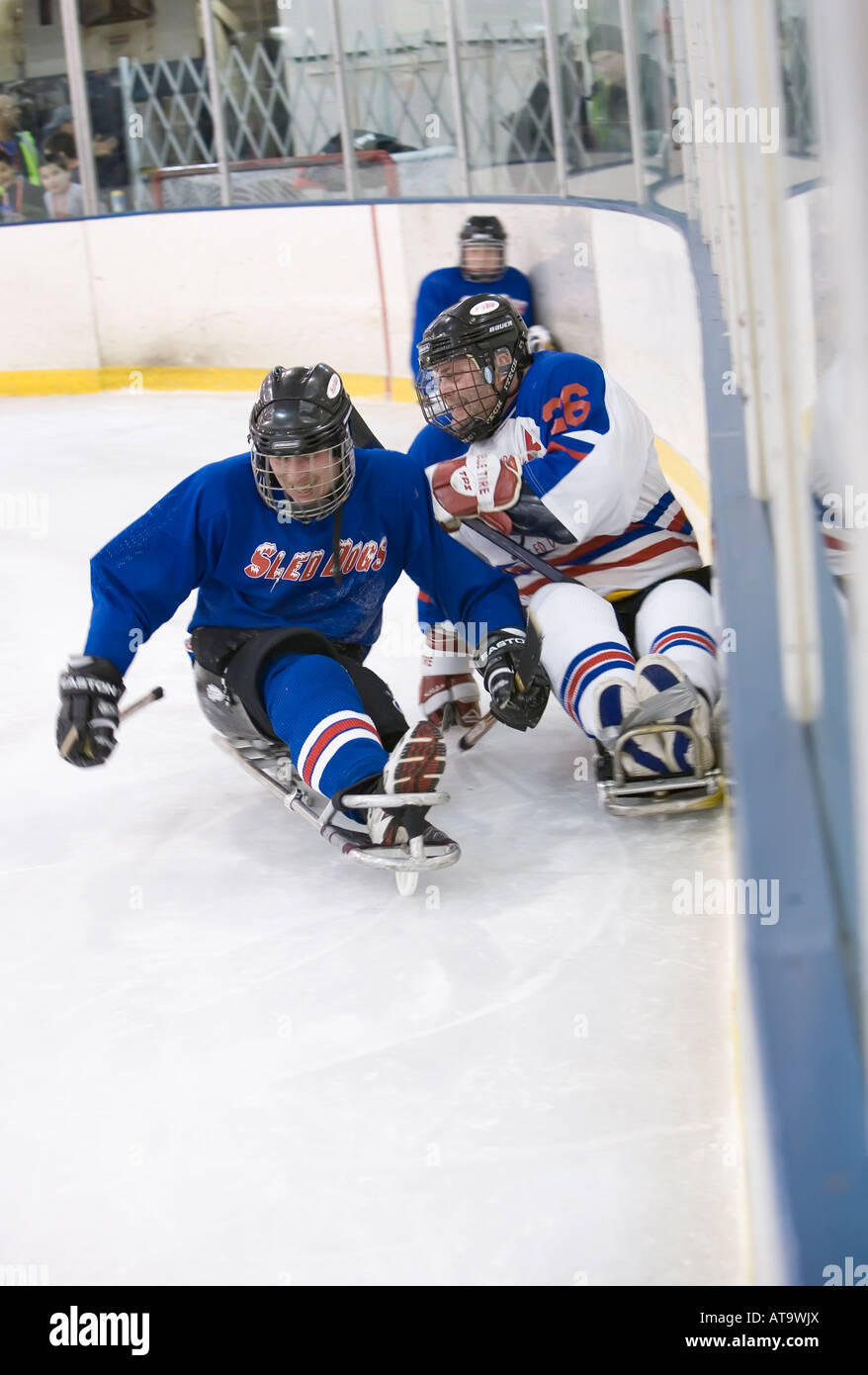 Handicapped Athletes Play Sled Hockey Stock Photo