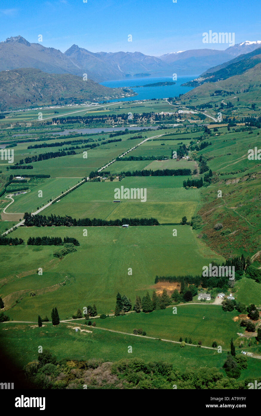 Arial view of area surrounding Queenstown New Zealand and Lake Wakatipu from the surrounding hills Stock Photo