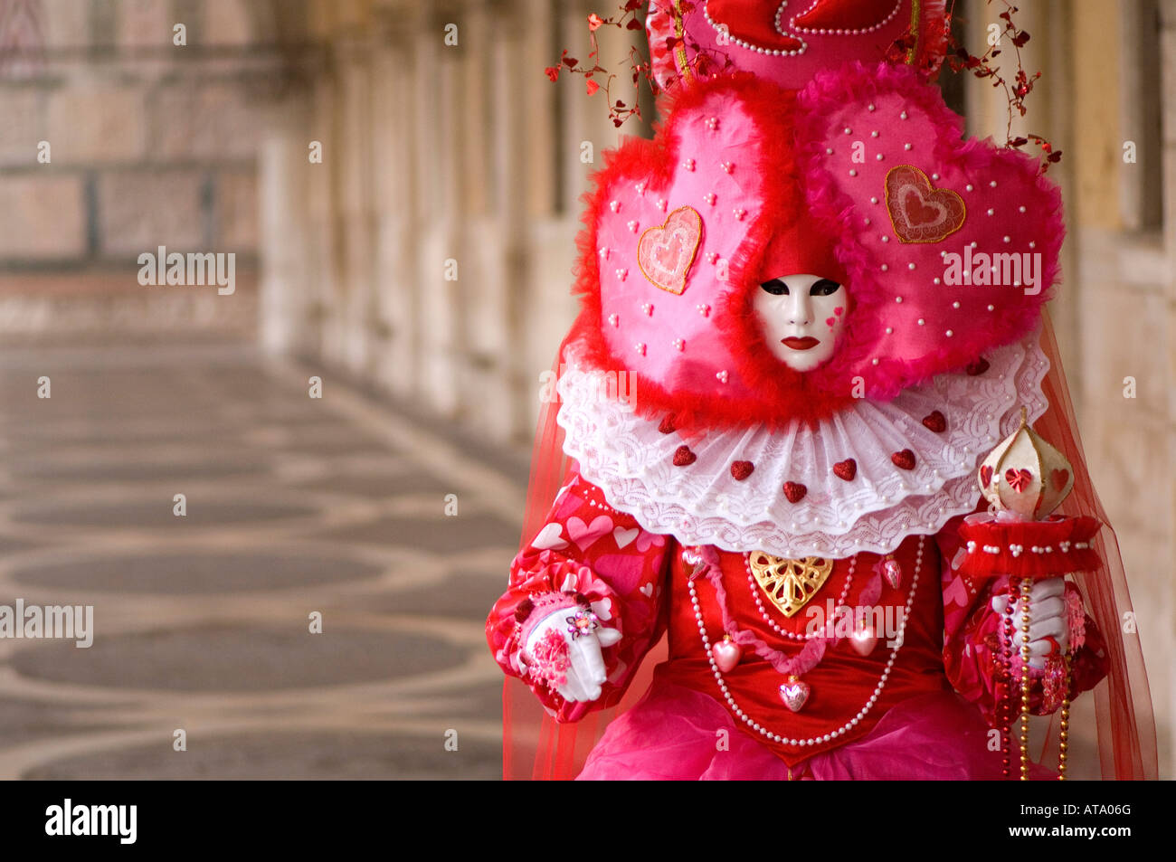 Venice Carnival Mask Festival lady in pink heart costume with white ...