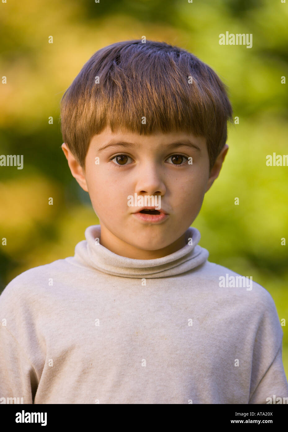 NEW YORK USA Autistic boy, age 6, talking. Model Released Stock Photo