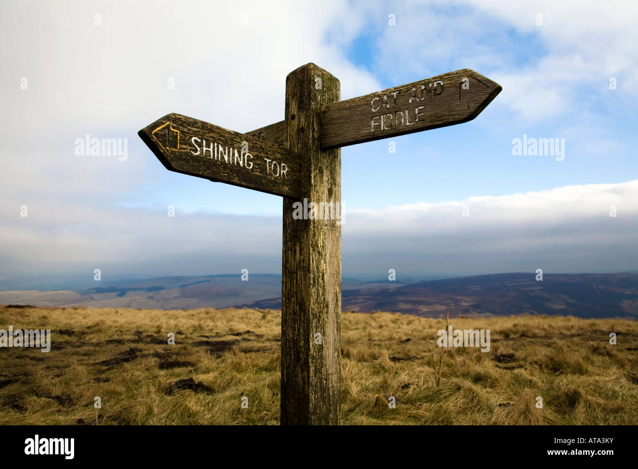 Shining Tor to Cat and Fiddle pub wooden sign in the Peak District Stock Photo