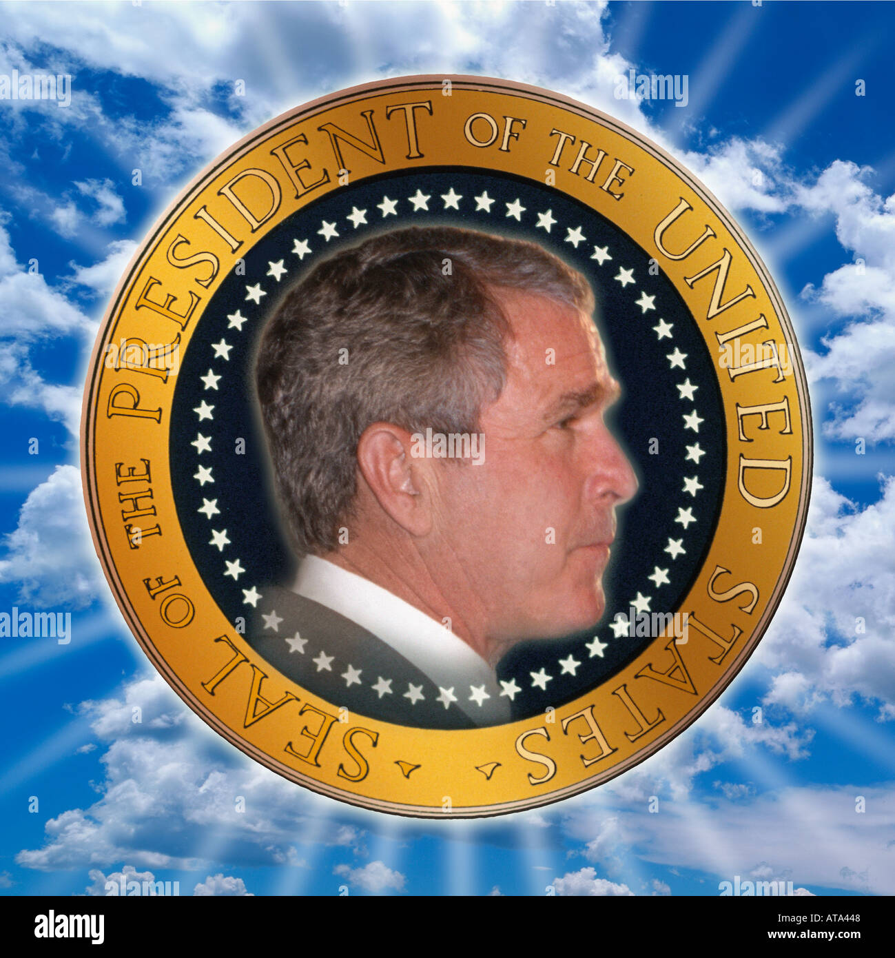 Digital composite President George W Bush in official seal of the President Stock Photo