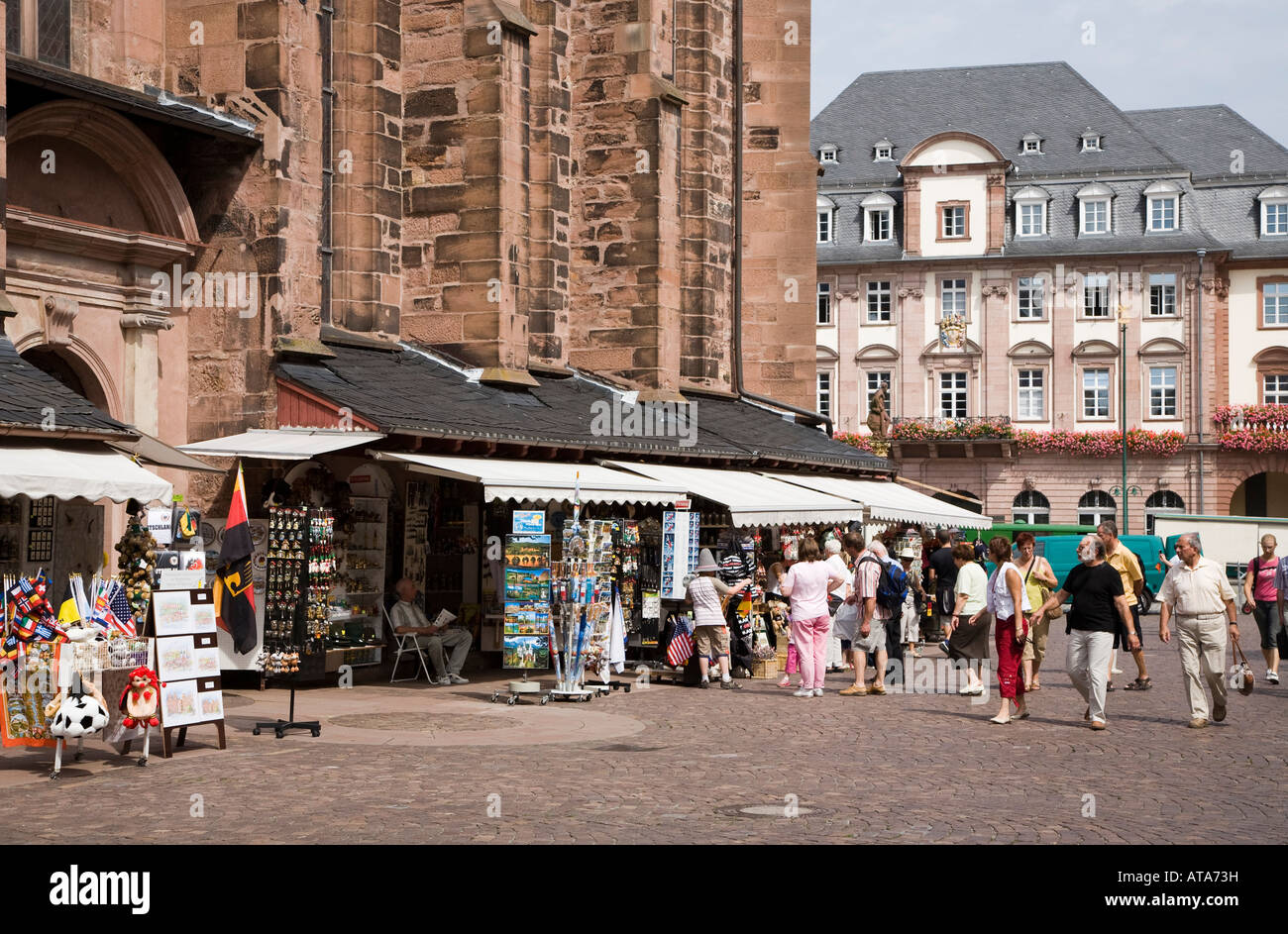 Tourist souvenir stands outside church in centre of Heidelberg Germany