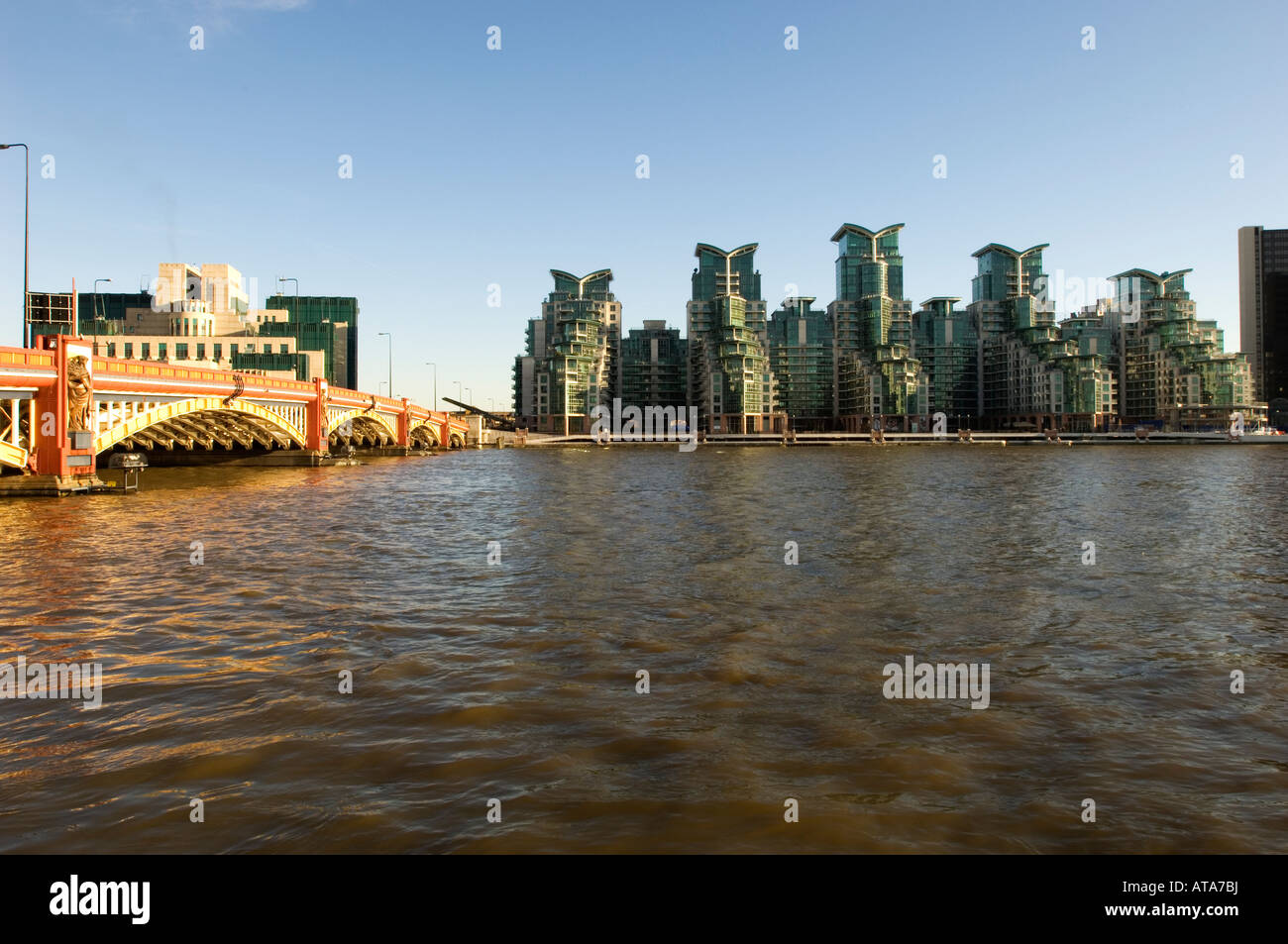Vauxhall Bridge over River Thames and architecture of St Wharf