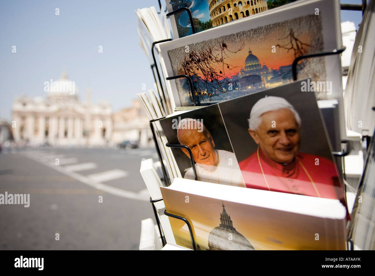 Vatican postcards with the image of the popes Benedict XVI and John Paul II, Vatican Stock Photo