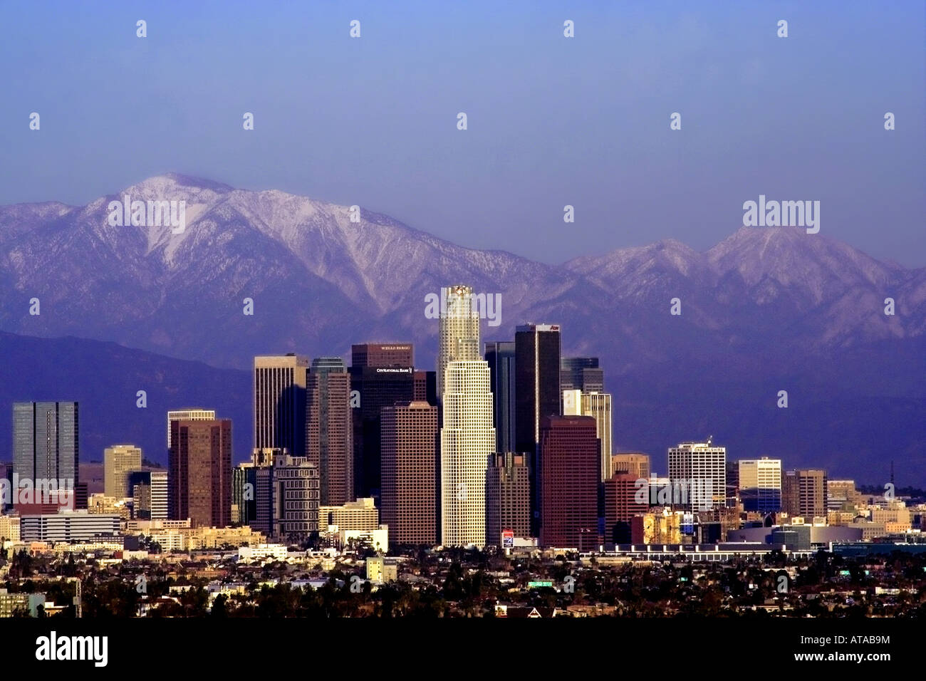 Downtown Los Angeles s skyline stands out against a backdrop of snow