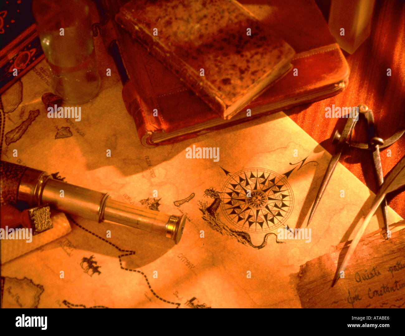Still life of antique maps and navigation equipment Stock Photo Alamy