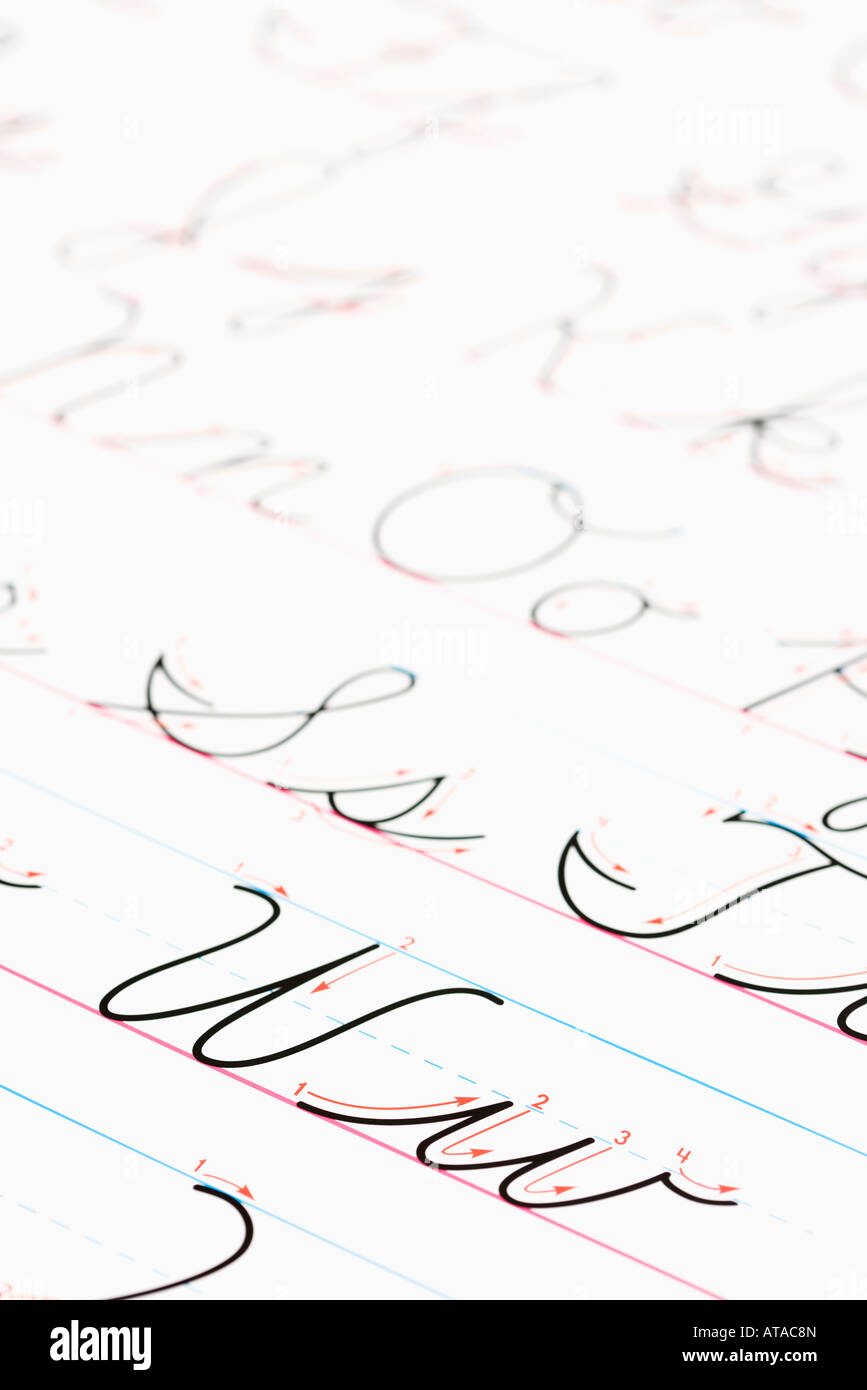 Close up of cursive handwriting practice page Stock Photo